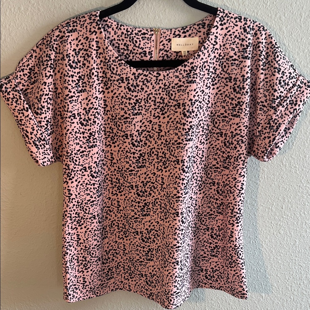 Melloday Pink and Black Patterned Short Sleeve Blouse